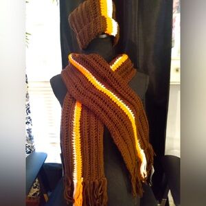 Hand crocheted brown orange and ivory hat and scarf set